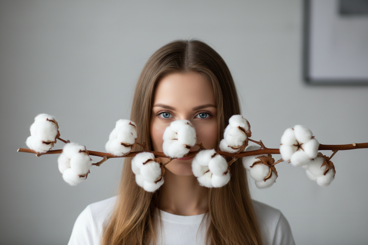 girl with blue eyes in the middle holding a cotton branch horizontally front of her face